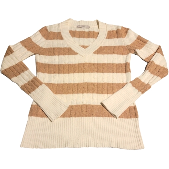 LOFT White Tan Striped V Neck Sweater Small NWOT - Picture 2 of 5
